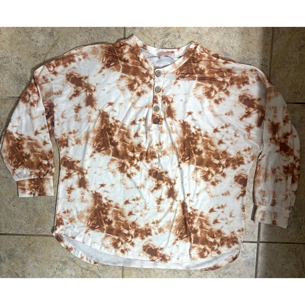 C+C California Brown Tie Dye Long Sleeve Henley Top Women's XL Oversized Casual